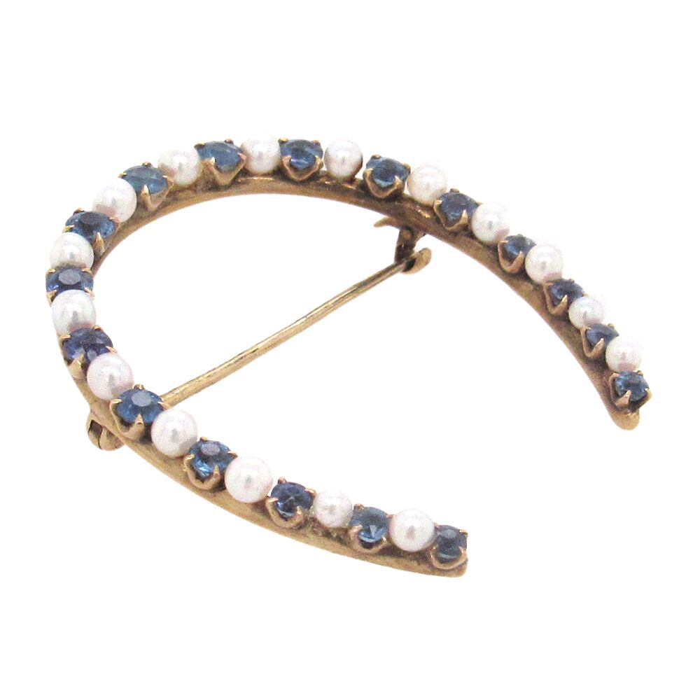 Estate Pearl and Sapphire Horseshoe Brooch - Image 2