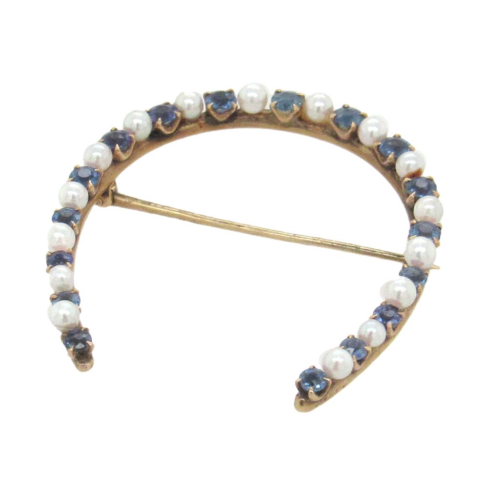 Estate Pearl and Sapphire Horseshoe Brooch - Image 3