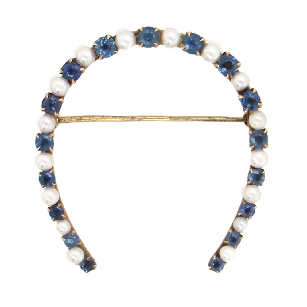 Estate Pearl and Sapphire Horseshoe Brooch - Image 4