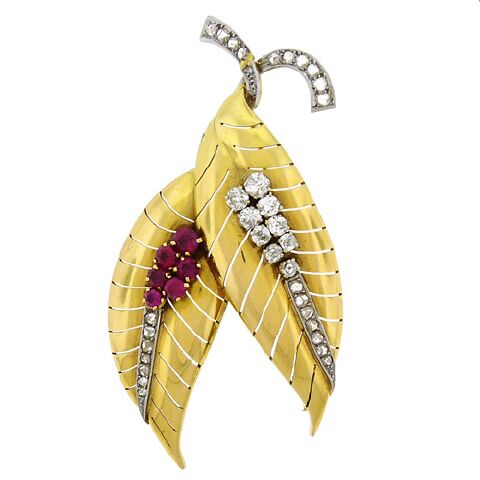 Ruby Diamond Double Leaf Brooch