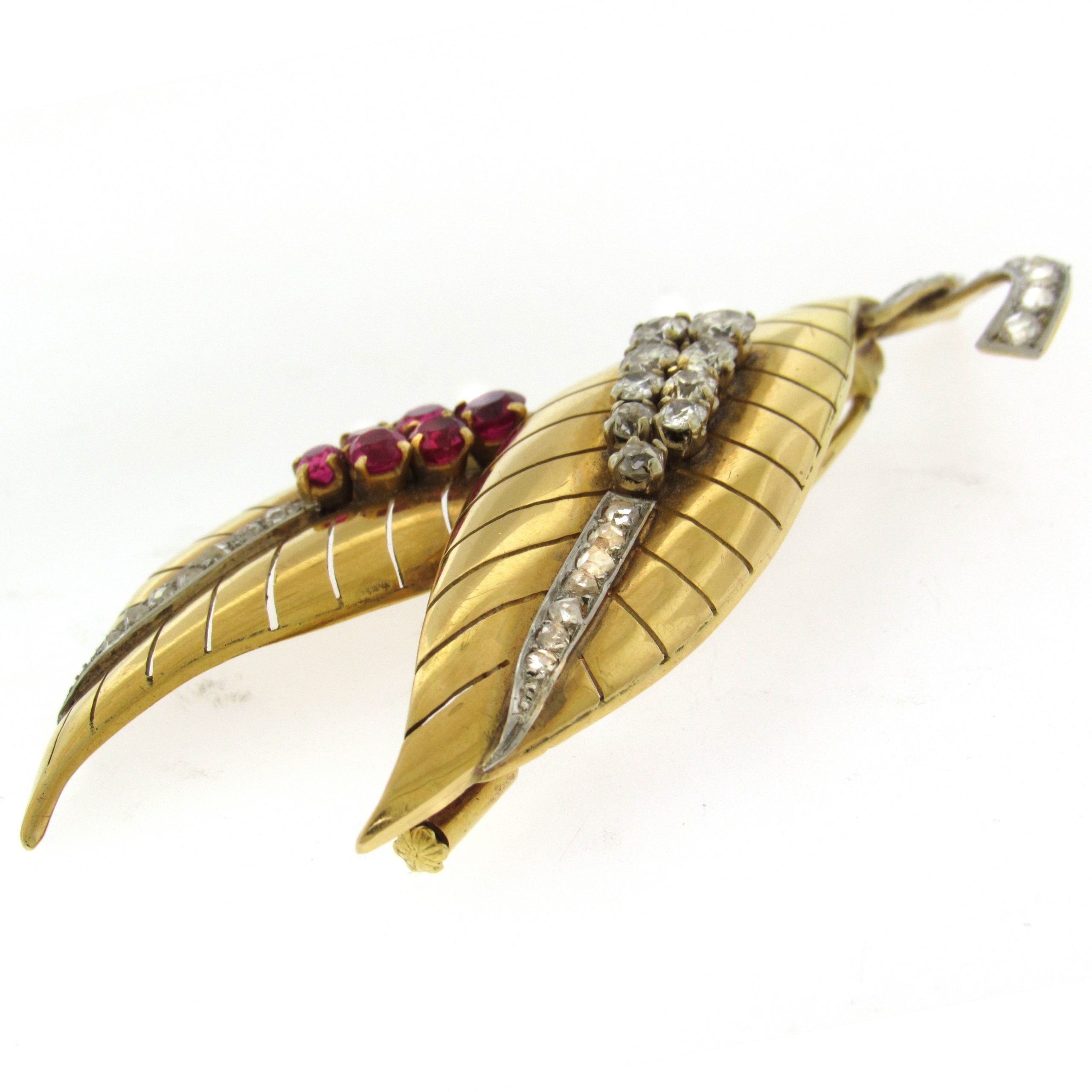 Ruby Diamond Double Leaf Brooch - Image 4